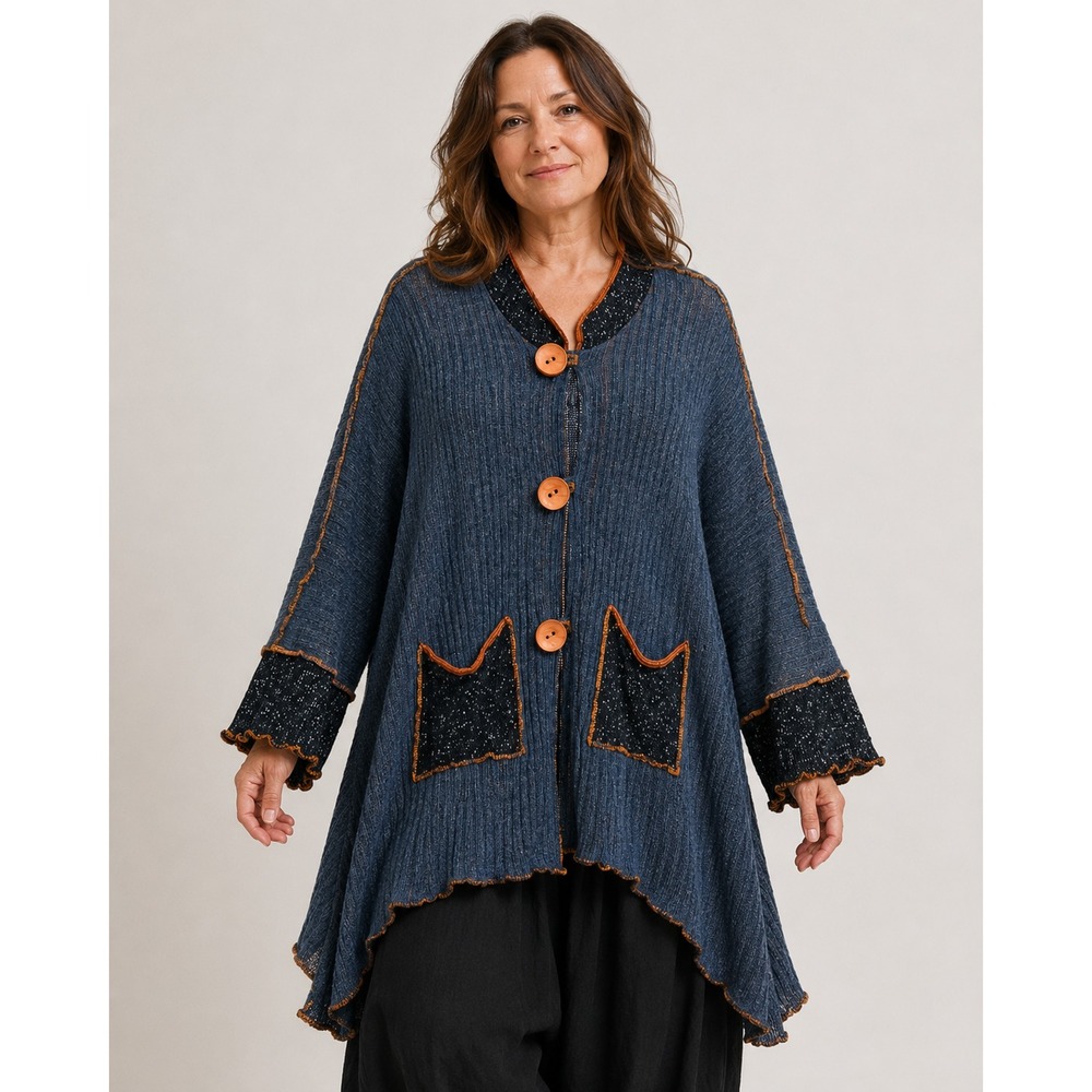 Vintage Blue Knit Oversized Lagenlook Cardigan Sweater One Size Speckled Boho